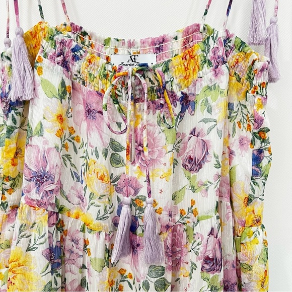 Floral Tassel Tie Mini Dress Multicolored Sheer Lined Tiered Shimmery - Picture 8 of 14